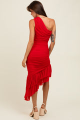 Red Ruched Mesh One Shoulder Asymmetric Dress