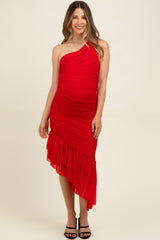 Red Ruched Mesh One Shoulder Asymmetric Maternity Dress
