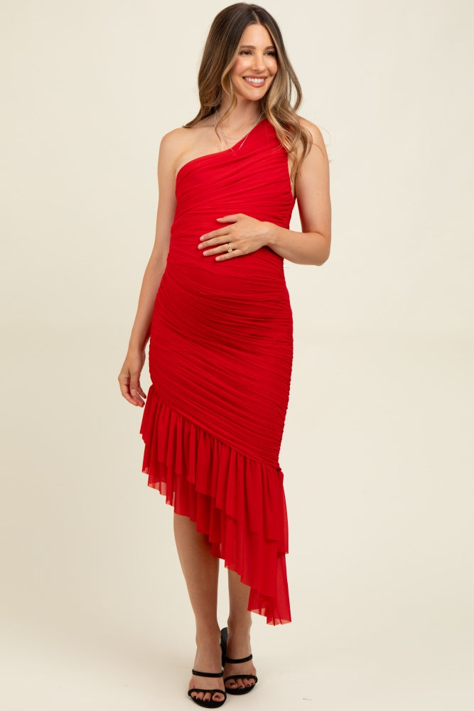 Red Ruched Mesh One Shoulder Asymmetric Maternity Dress