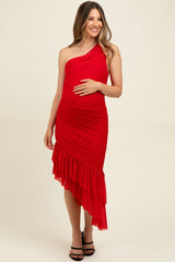 Red Ruched Mesh One Shoulder Asymmetric Maternity Dress