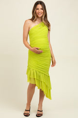 Lime Ruched Mesh One Shoulder Asymmetric Maternity Dress