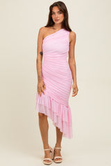 Light Pink Ruched Mesh One Shoulder Asymmetric Maternity Dress