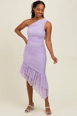 Lavender Ruched Mesh One Shoulder Asymmetric Dress