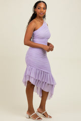 Lavender Ruched Mesh One Shoulder Asymmetric Dress
