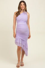 Lavender Ruched Mesh One Shoulder Asymmetric Maternity Dress