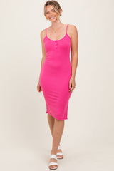 Fuchsia Ribbed Button Maternity Midi Dress