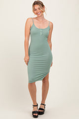 Sage Ribbed Button Midi Dress