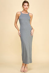 Charcoal Ribbed Fitted Side Slit Maternity Midi Dress