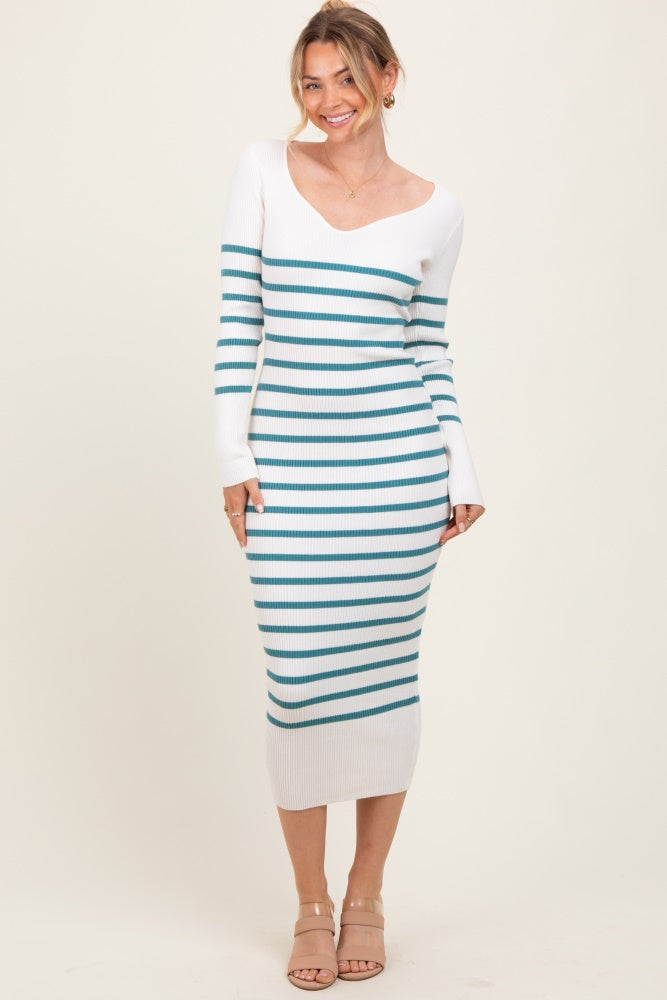Teal Ribbed Knit Striped Long Sleeve Sweater Dress