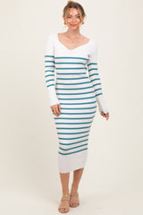 Teal Ribbed Knit Striped Long Sleeve Sweater Dress