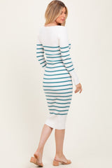 Teal Ribbed Knit Striped Long Sleeve Maternity Sweater Dress