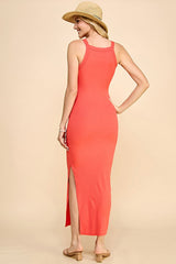 Coral Ribbed Fitted Side Slit Midi Dress