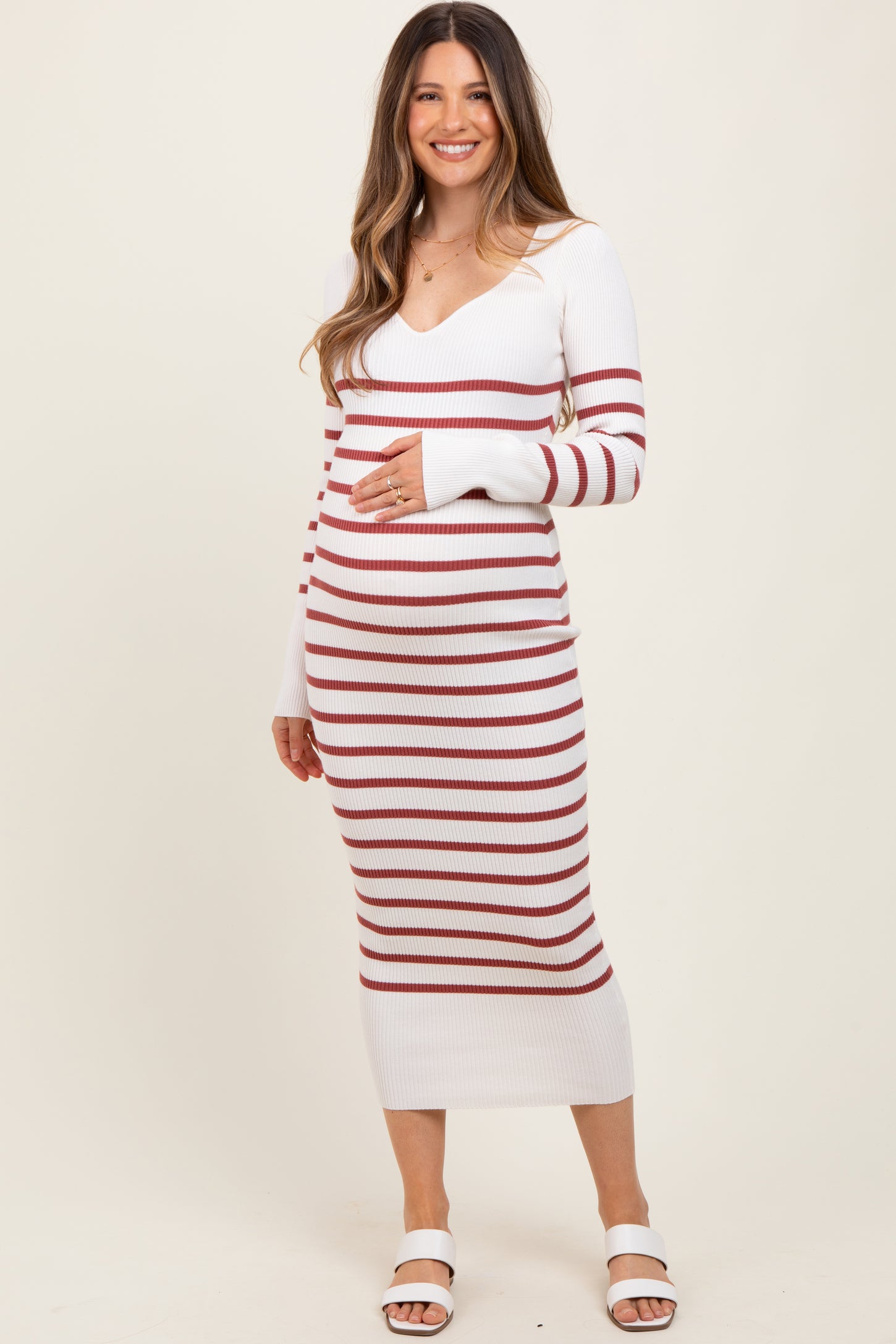Mauve Ribbed Knit Striped Long Sleeve Maternity Sweater Dress
