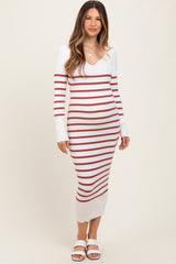 Mauve Ribbed Knit Striped Long Sleeve Maternity Sweater Dress