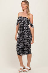 Black Floral Mesh Ruched Off Shoulder Dress