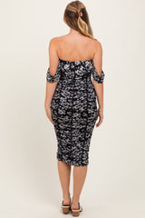Black Floral Mesh Ruched Off Shoulder Dress