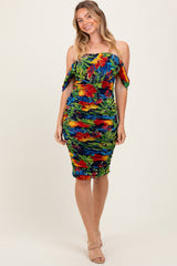 Black Tropical Mesh Ruched Off Shoulder Maternity Dress