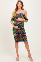 Black Tropical Mesh Ruched Off Shoulder Maternity Dress