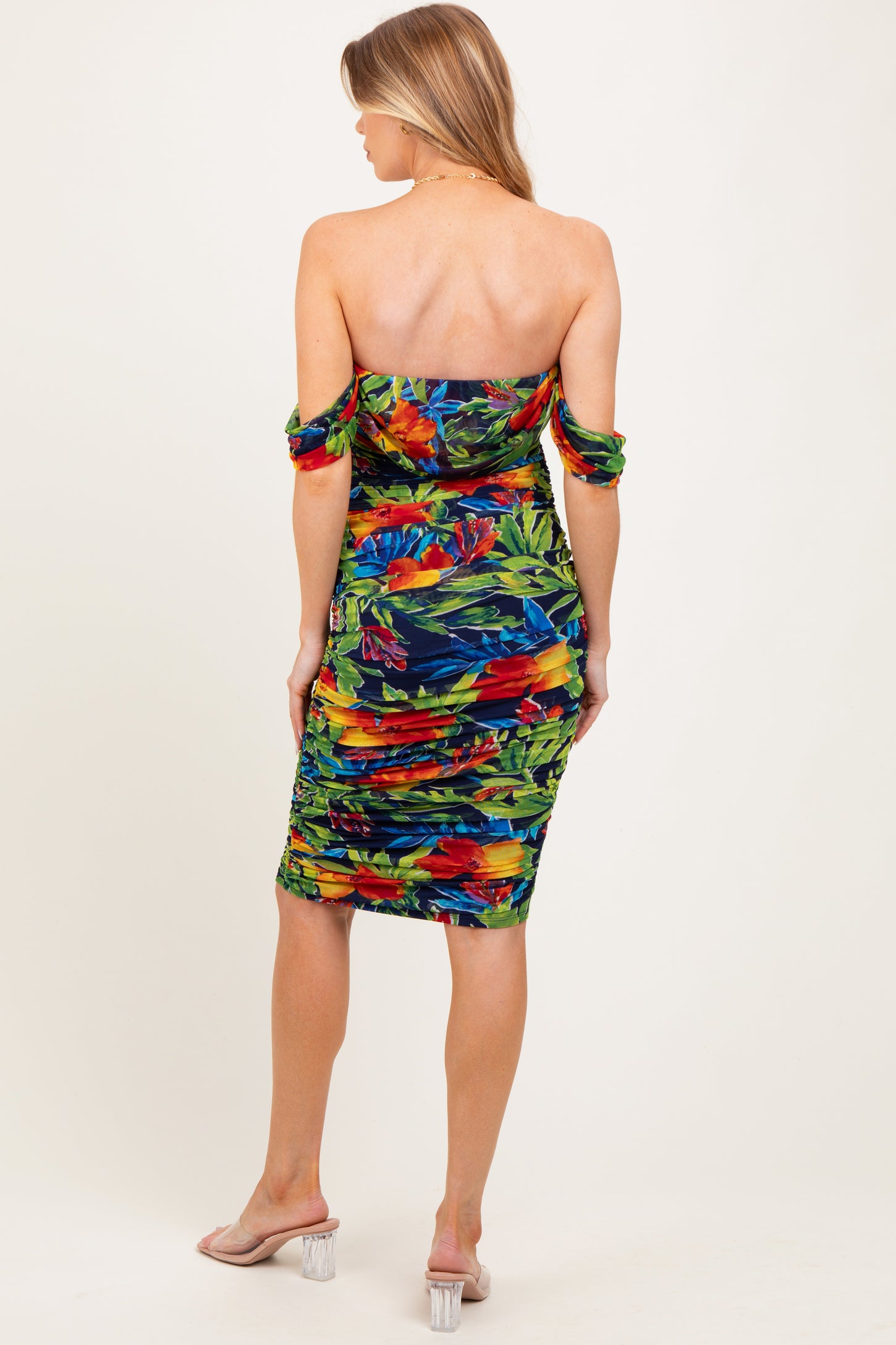 Black Tropical Mesh Ruched Off Shoulder Maternity Dress