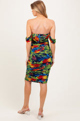 Black Tropical Mesh Ruched Off Shoulder Maternity Dress