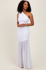 White Ruched Mesh One Shoulder Maternity Maxi Dress