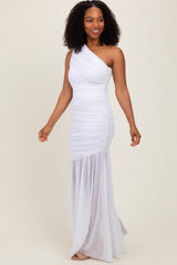 White Ruched Mesh One Shoulder Maxi Dress