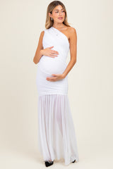 White Ruched Mesh One Shoulder Maternity Maxi Dress