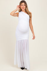 White Ruched Mesh One Shoulder Maternity Maxi Dress