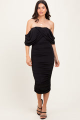 Black Off Shoulder Draped Ruched Midi Dress