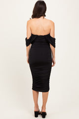 Black Off Shoulder Draped Ruched Midi Dress