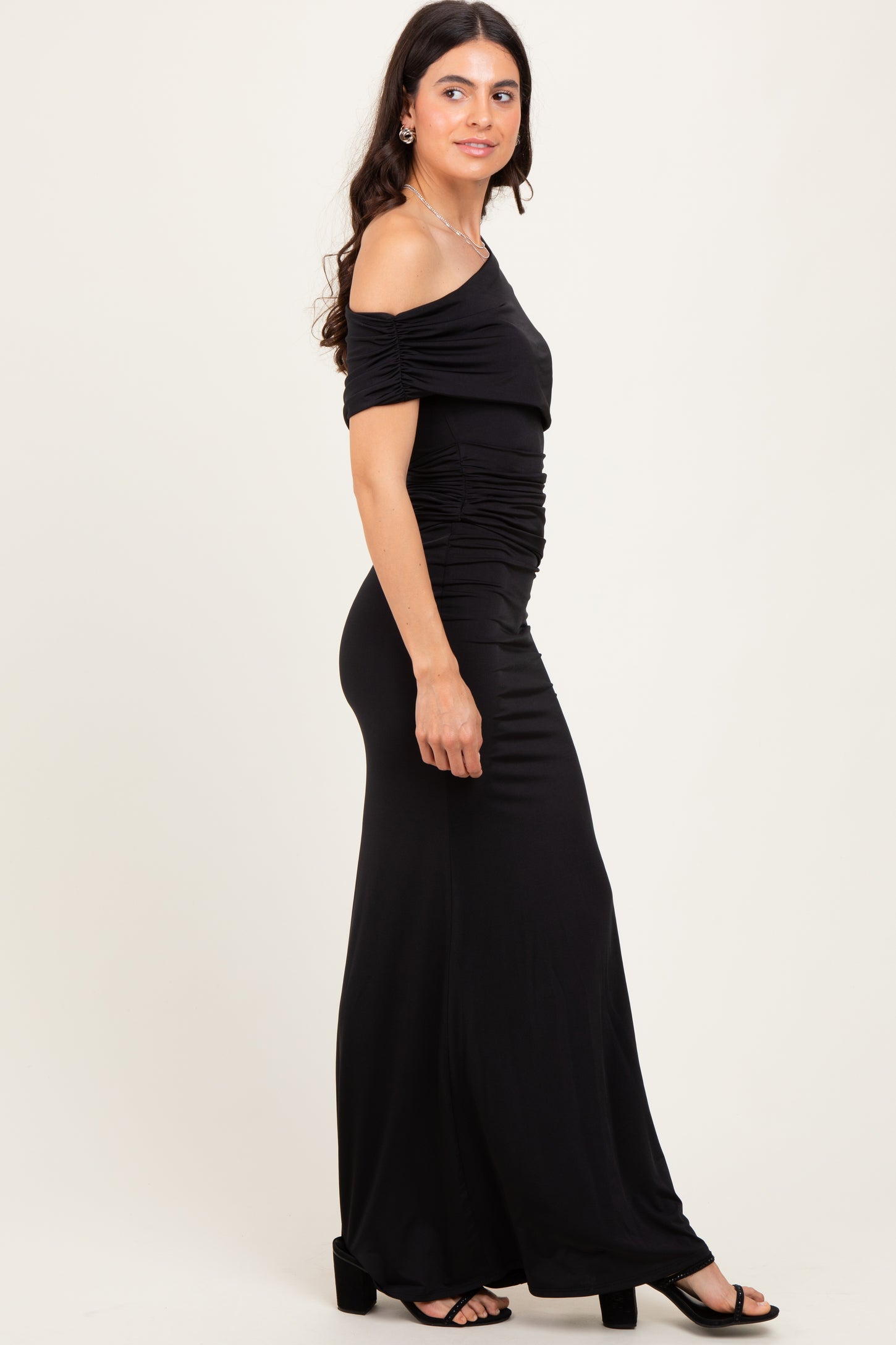 Black Off Shoulder Foldover Ruched Maxi Dress