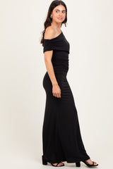 Black Off Shoulder Foldover Ruched Maxi Dress