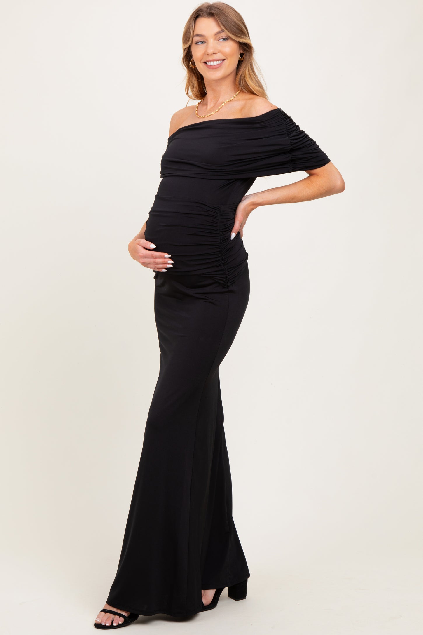 Black Off Shoulder Foldover Ruched Maternity Maxi Dress
