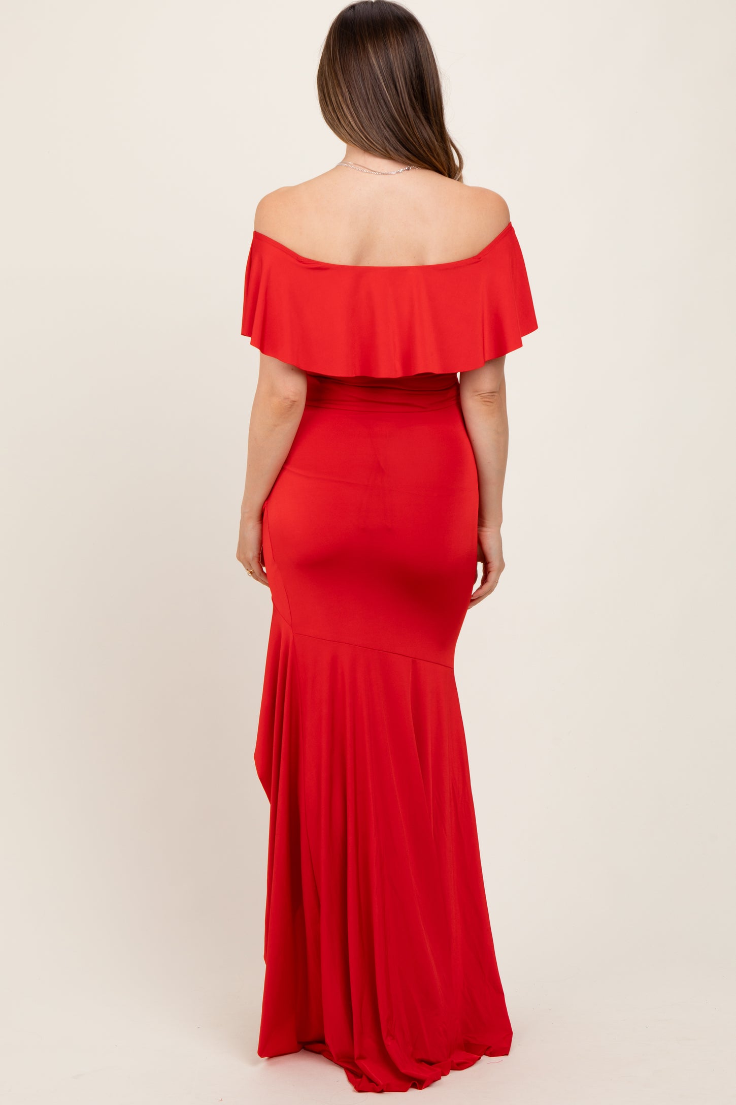 Red Off Shoulder Ruffle Hi-Low Maternity Maxi Dress
