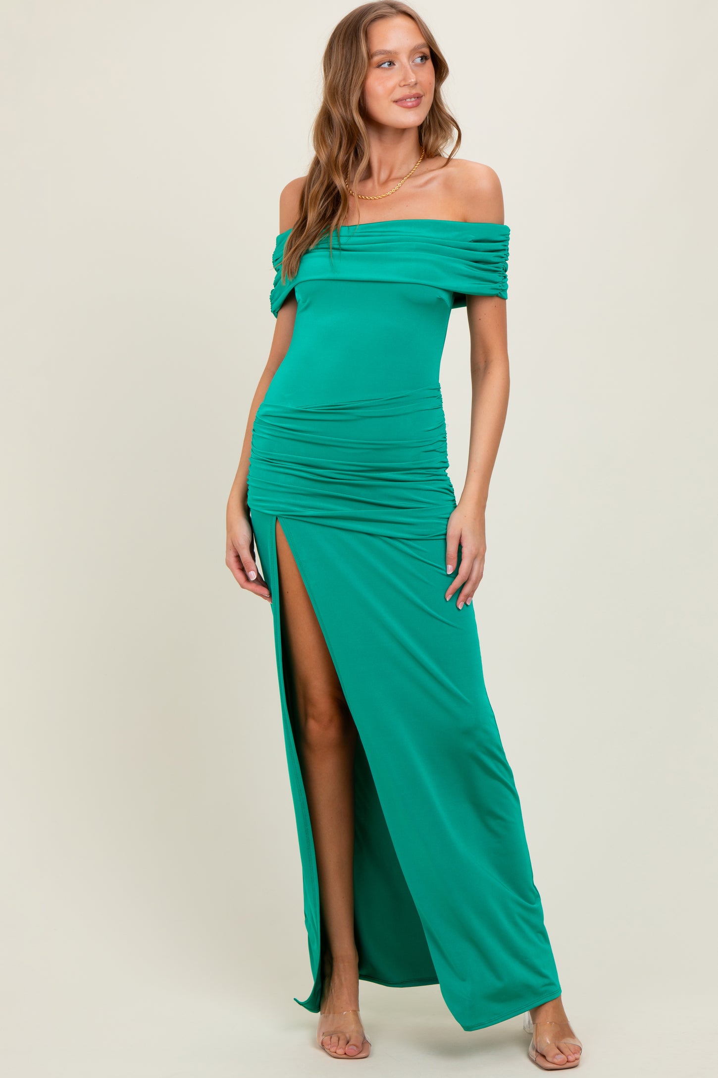 Green Foldover Off Shoulder Ruched High Slit Maxi Dress