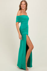 Green Foldover Off Shoulder Ruched High Slit Maxi Dress