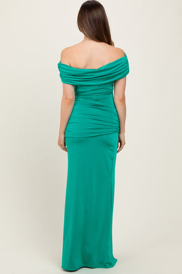 Green Foldover Off Shoulder Ruched High Slit Maternity Maxi Dress