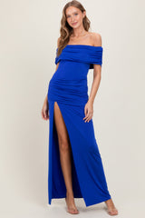 Royal Foldover Off Shoulder Ruched High Slit Maxi Dress