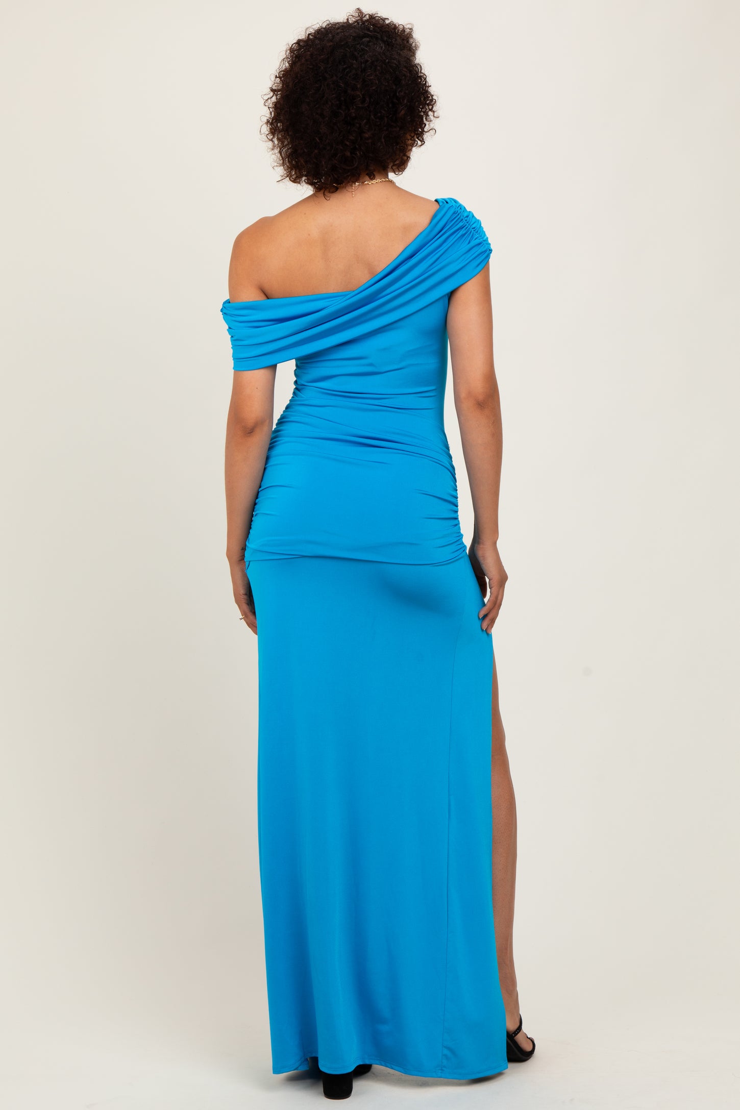 Turquoise Foldover Off Shoulder Ruched High Slit Maxi Dress
