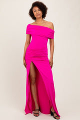 Fuchsia Foldover Off Shoulder Ruched High Slit Maxi Dress