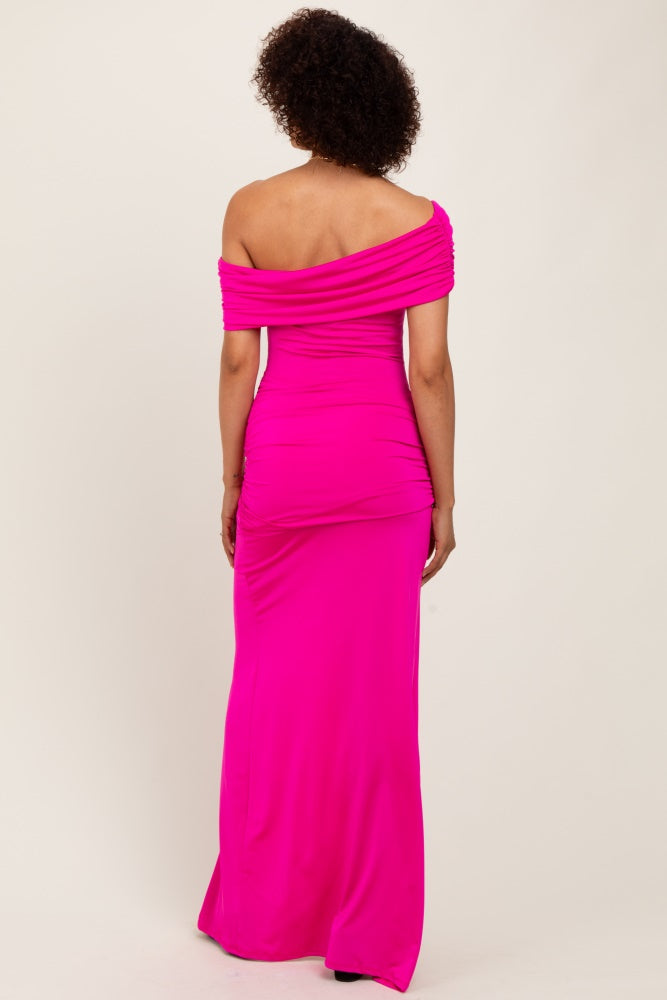 Fuchsia Foldover Off Shoulder Ruched High Slit Maxi Dress