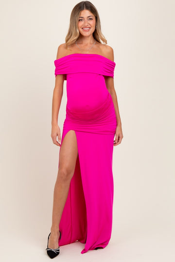 Fuchsia Foldover Off Shoulder Ruched High Slit Maternity Maxi Dress