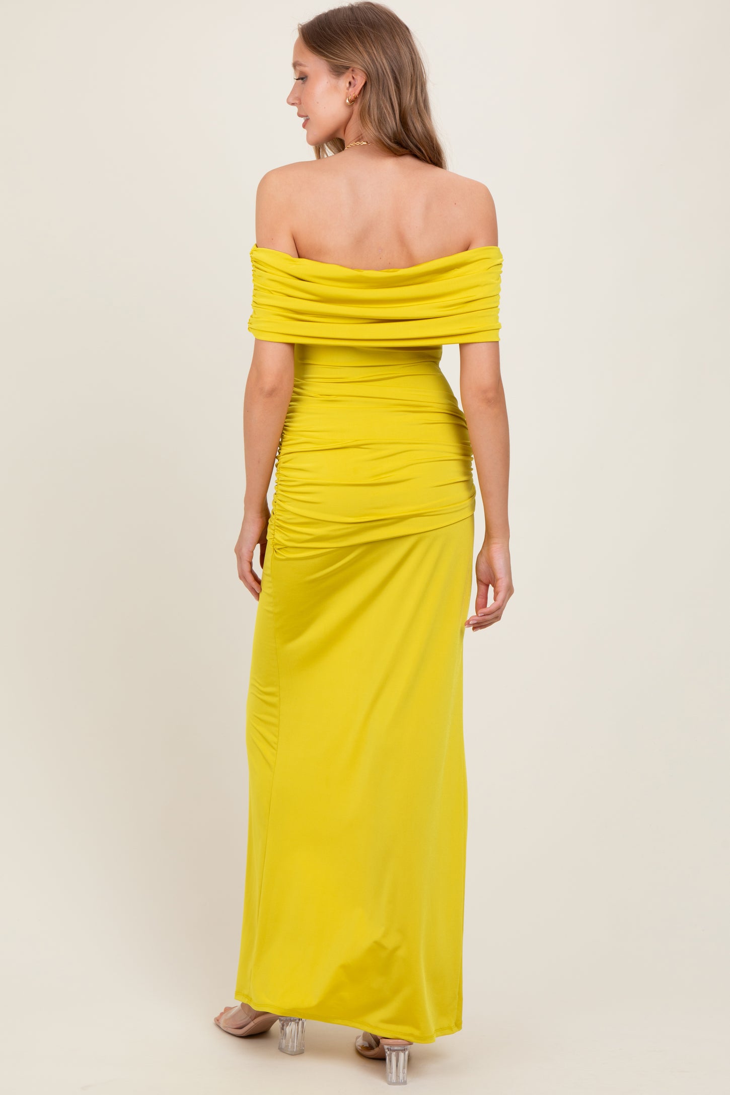 Lime Foldover Off Shoulder Ruched High Slit Maxi Dress