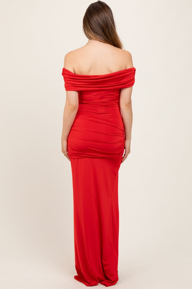 Red Foldover Off Shoulder Ruched High Slit Maternity Maxi Dress