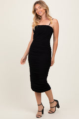 Black Ruched Mesh Sleeveless Midi Dress