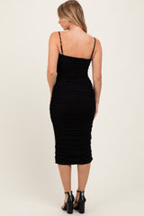Black Ruched Mesh Sleeveless Midi Dress