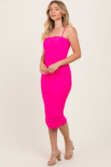 Fuchsia Ruched Mesh Sleeveless Midi Dress