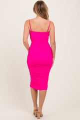 Fuchsia Ruched Mesh Sleeveless Midi Dress