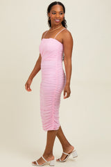 Light Pink Ruched Mesh Sleeveless Midi Dress