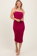 Magenta Ruched Mesh Sleeveless Midi Dress